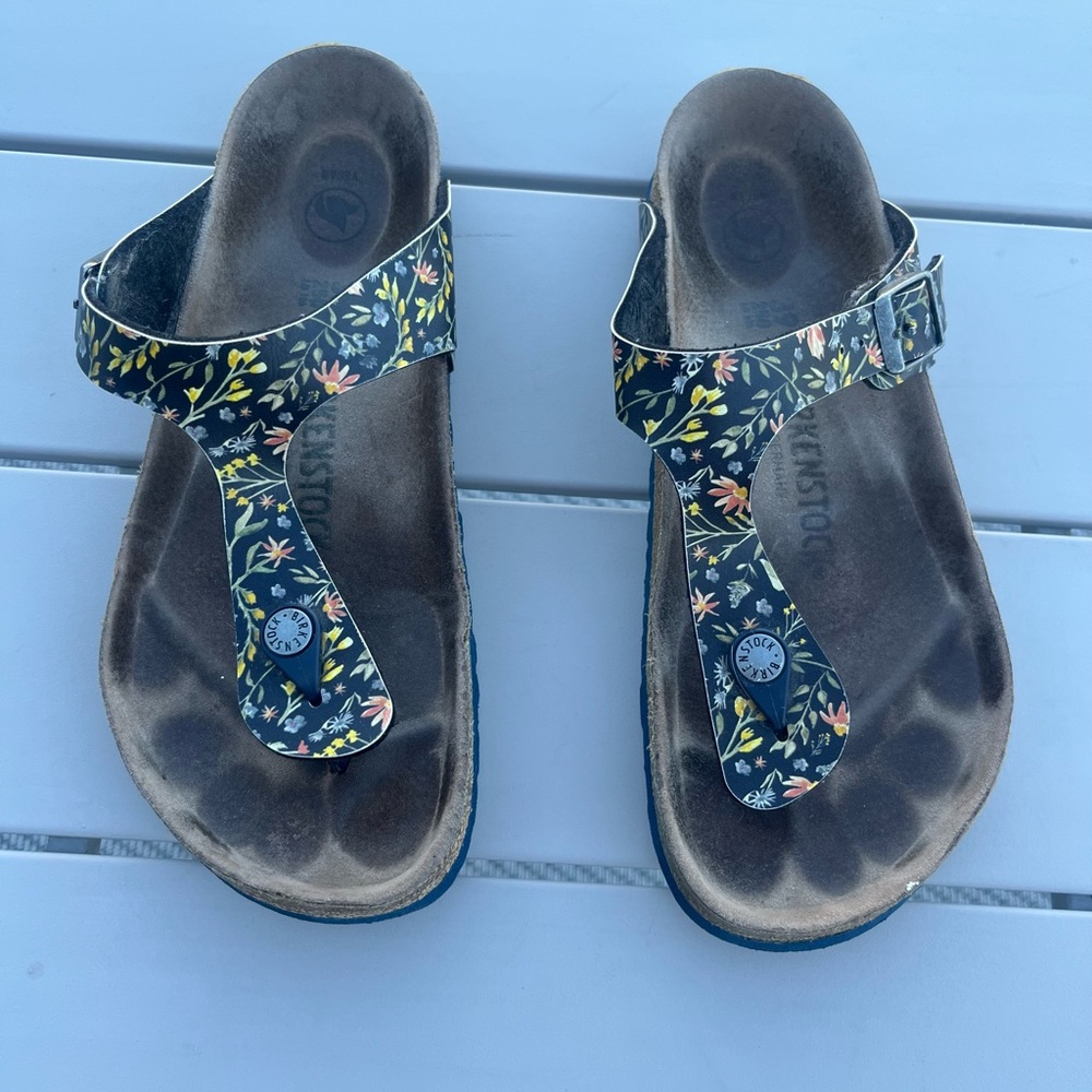Birkenstock Gizeh Floral Thong Sandals - Black and Multicolor